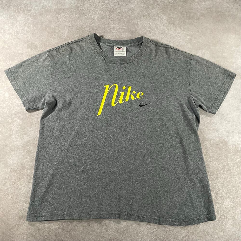 Vintage Women's Nike T-Shirt Grey Yellow Swoosh Made in USA 90s Large 20.5x24
